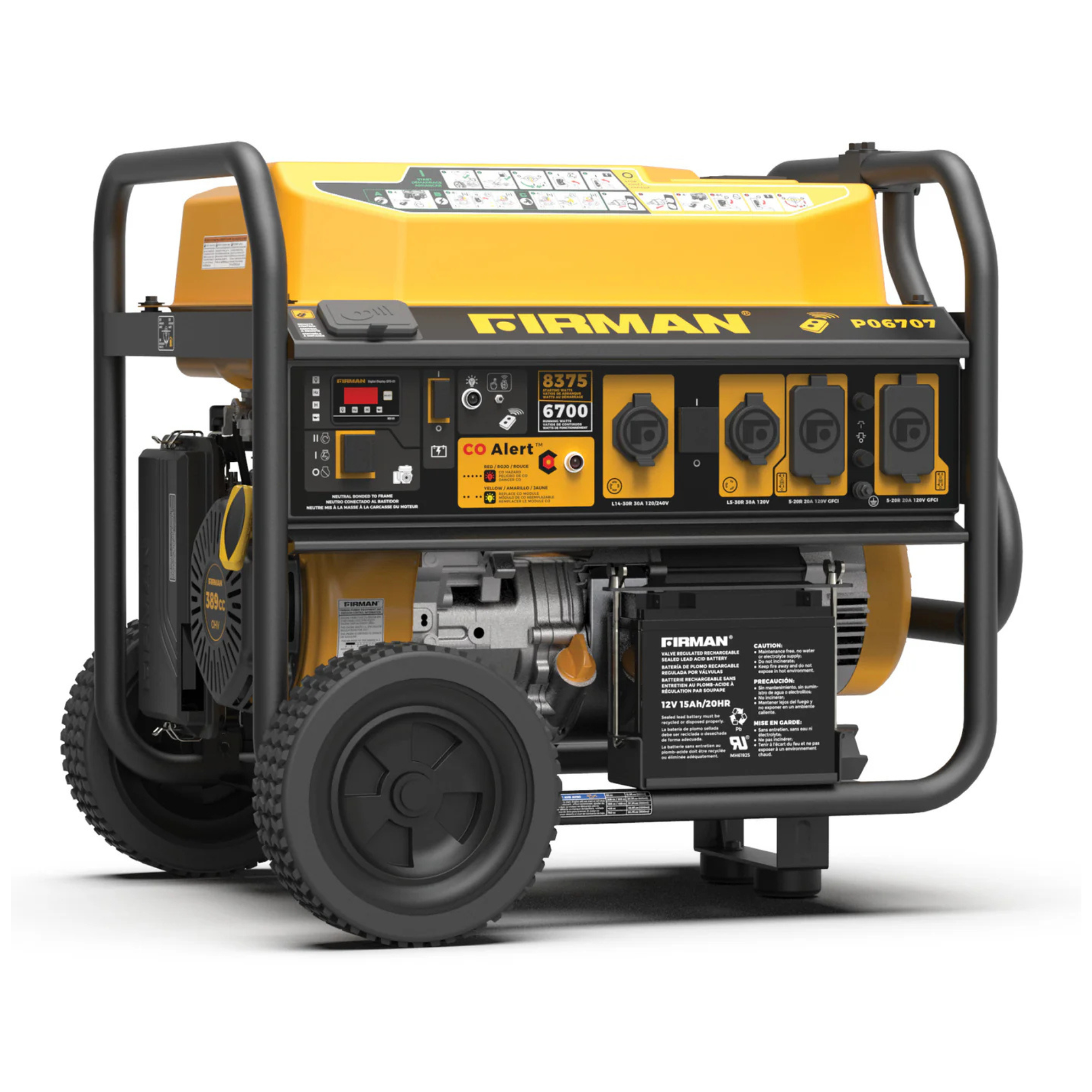 Firman Generator, 6700W/8375W, Gasoline, Remote Start, 120V/240V, w/ Wheel Kit, CO from GME Supply
